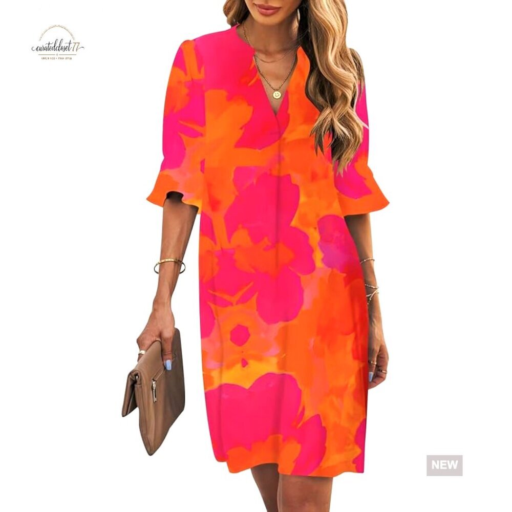 V-Neck Shift Dress Short Sleeve Flowy Casual Summer Polyester S-2XL
